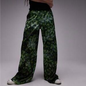 Topshop satin print wide leg pull on pants in green